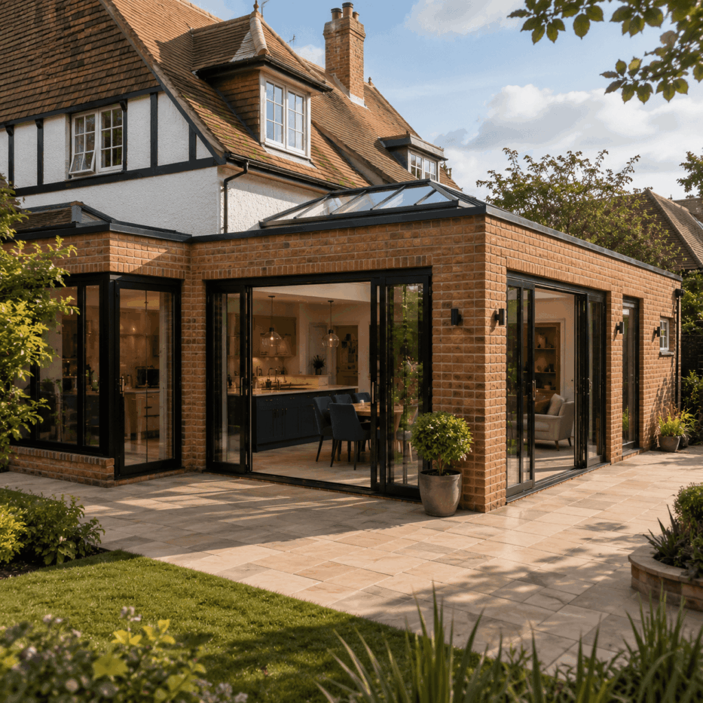 Wraparound extension with bifold doors by Brann New Homes builders in Crowborough, East Sussex
