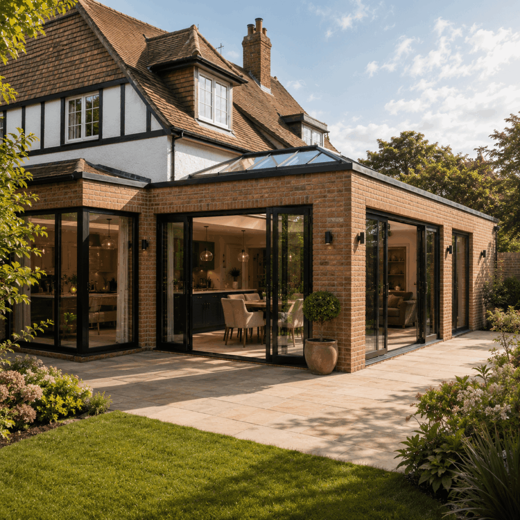 Wraparound extension glazing and bifold doors by Brann New Homes builders in Crowborough, East Sussex