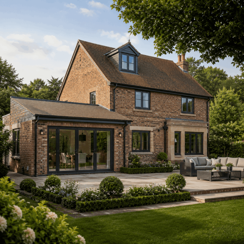 Premium brick home extension and patio by Brann New Homes, builders in Haywards Heath, West Sussex
